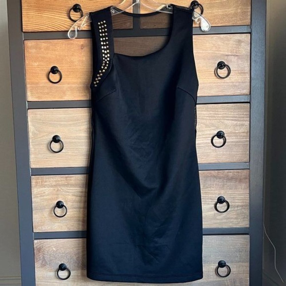 Vijo Couture Little Black Dress Studded Shoulder Strap Sheer Back Size XS